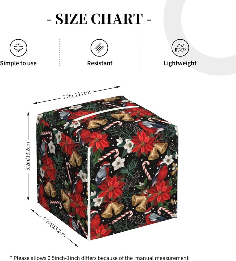 sndheke Christmas Poinsettia Flowers Tissue Box Cover Square,Xmas Bells Candy Cane Tissue Box Holder Waterproof Leather Facial Paper Organizer Dispenser for Bathroom Home Car Nightstand Vanity Desk - Image 4